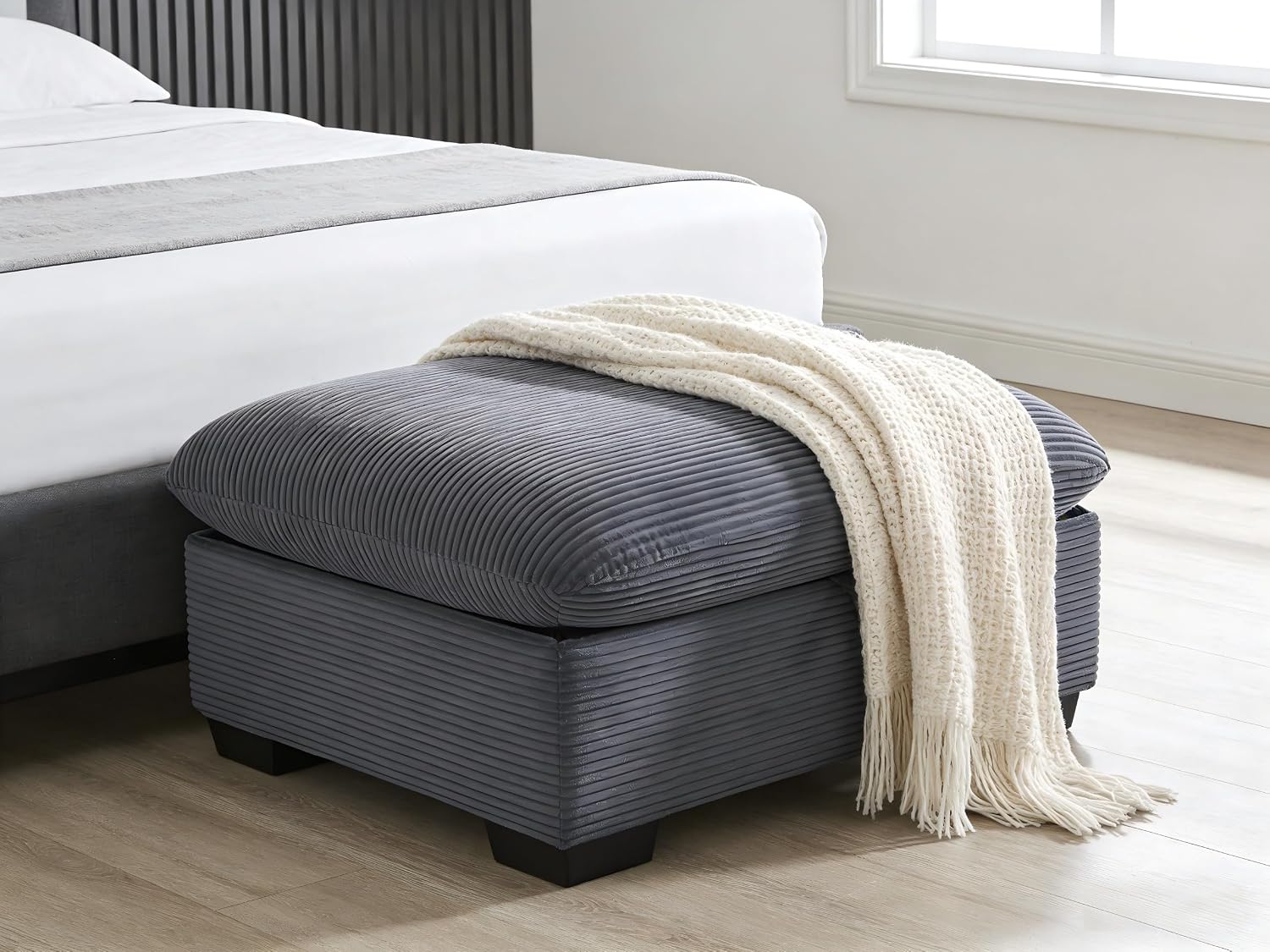 asunflower Matching Large Storage Ottoman for Sectional Sofa, Oversized Foldable Footrest Stool with Lid, Dark Grey Corduroy Bench - 37.4" Extra Wide