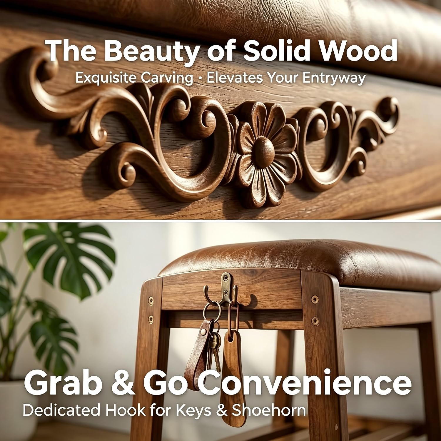 Shoe Storage Bench Shoe Rack Bench with Storage 2 Tier Wooden Shoe Rack | Solid wood shoe bench flip-top storage cushioned seat weight capacity of 550 lb side hooks walnut finish 39.4" W