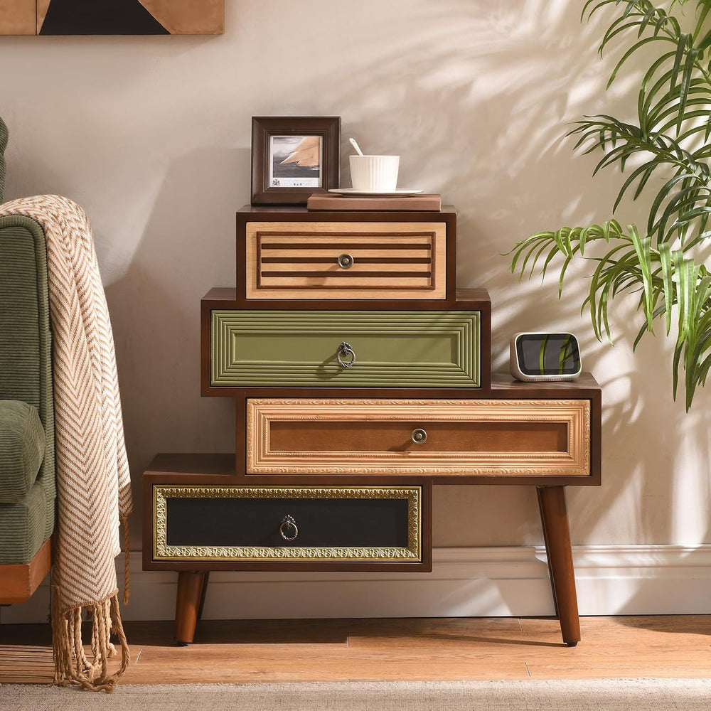 Ahokua Vintage Accent Chest with 4 Drawers, Asymmetrical Stacked Design, Mult...
