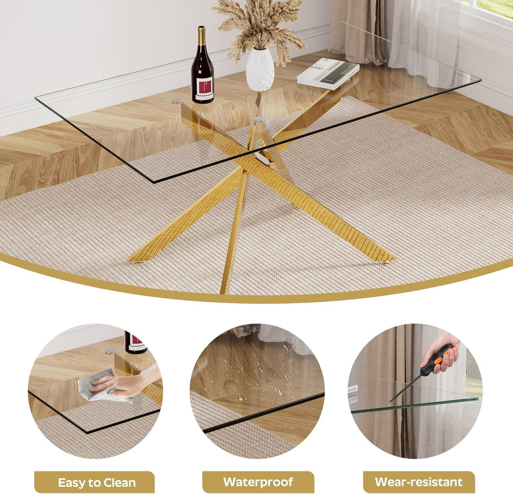 Glass Dining Table for 4-6, Contemporary Rectangular Dining Room Table with T...