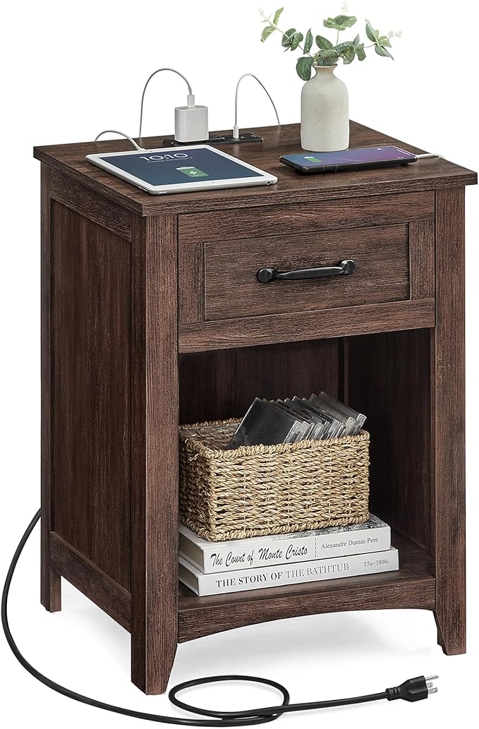 VASAGLE LIRY Collection - Farmhouse Nightstand with Charging Station, Bedside...