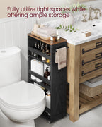 VASAGLE 4-Tier Slide-Out Storage Cart, Slim Kitchen Cart for Small Spaces, with Wheels, Handle, Bathroom, Laundry Room, 7.9 x 17 x 34.1 Inches, Ebony Black and Rustic Brown ULRC051K02