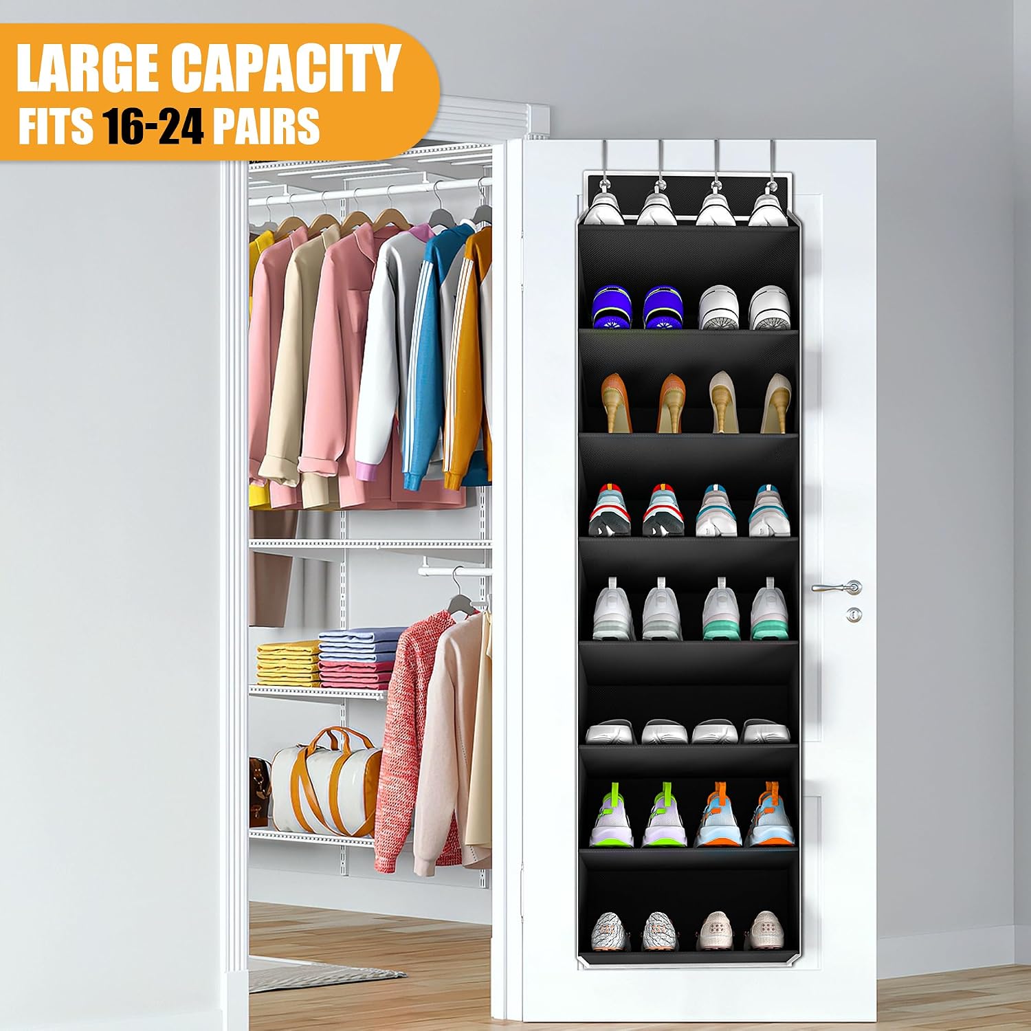 KYEVIS Over The Door Shoe Organizer Storage Fit 16-24 Pairs Hanging Shoe Rack Organiser for Closet Door, Deep Pocket Shoe Holder for Sneakers,Boots Storage(1 Pack Black)