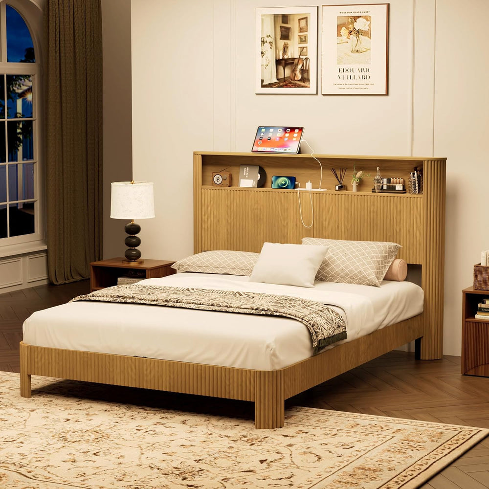 Peanu Queen Bed Frame, Storage Headboard, Charging Station, Silent, Natural