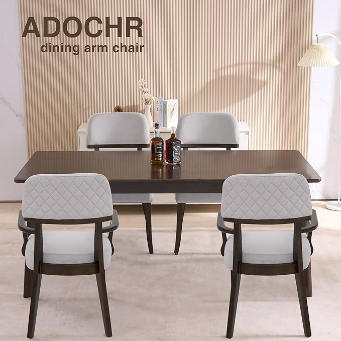 Modern Wood Dining Chairs with Arms Set of 2, Velvet Upholstered Kitchen Chairs with Open Curved Backrest & Black Hardwood Legs, Accent Chairs 350 LBS Capacity, Grey