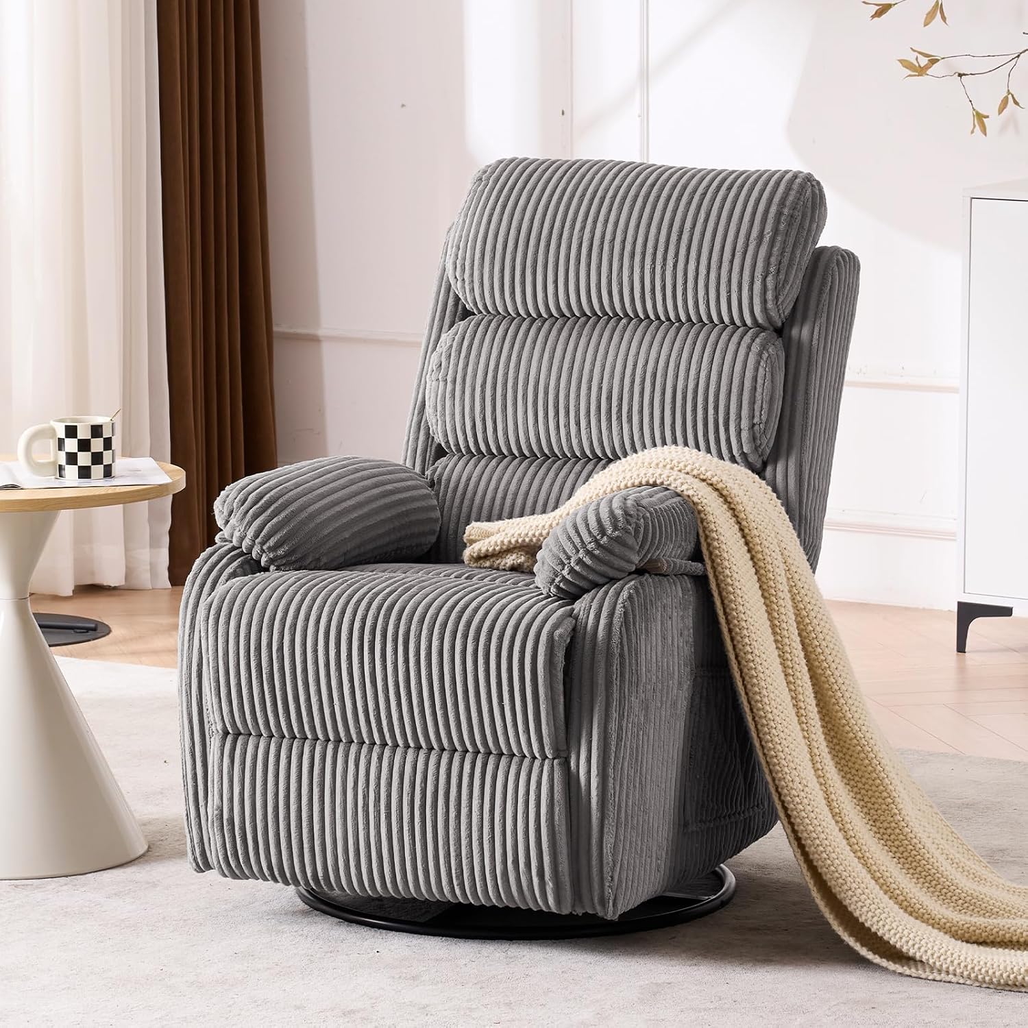 Premium Velvet 360° Swivel Rocker Recliner with Extended Footrest - High Back Glider Chair for Nursery, Living Room & Small Spaces, Featuring Padded Armrests and Handy Side Pocket, Grey