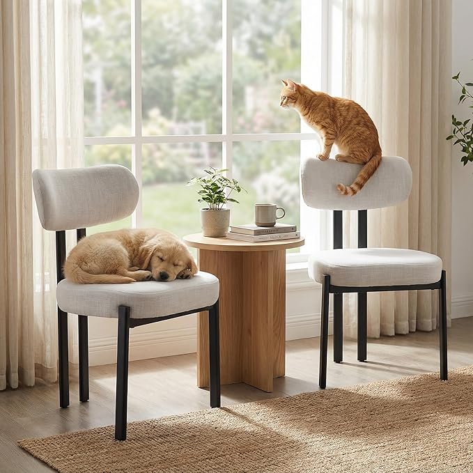 LukeAlon Linen Dining Chairs Set of 2, Modern Upholstered Armless Kitchen Chairs with Black Metal Legs Curved Back Dining Room Chairs Reception Guest Chair for Living Room Office, Light Beige
