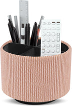 Round Leather Art Supply Organizer,Remote Control Holder,360 Degree Spinning,Multi-Functional Pencil Holder,4 Compartments Desktop Stationary Organizer(1-Wood Apricot)