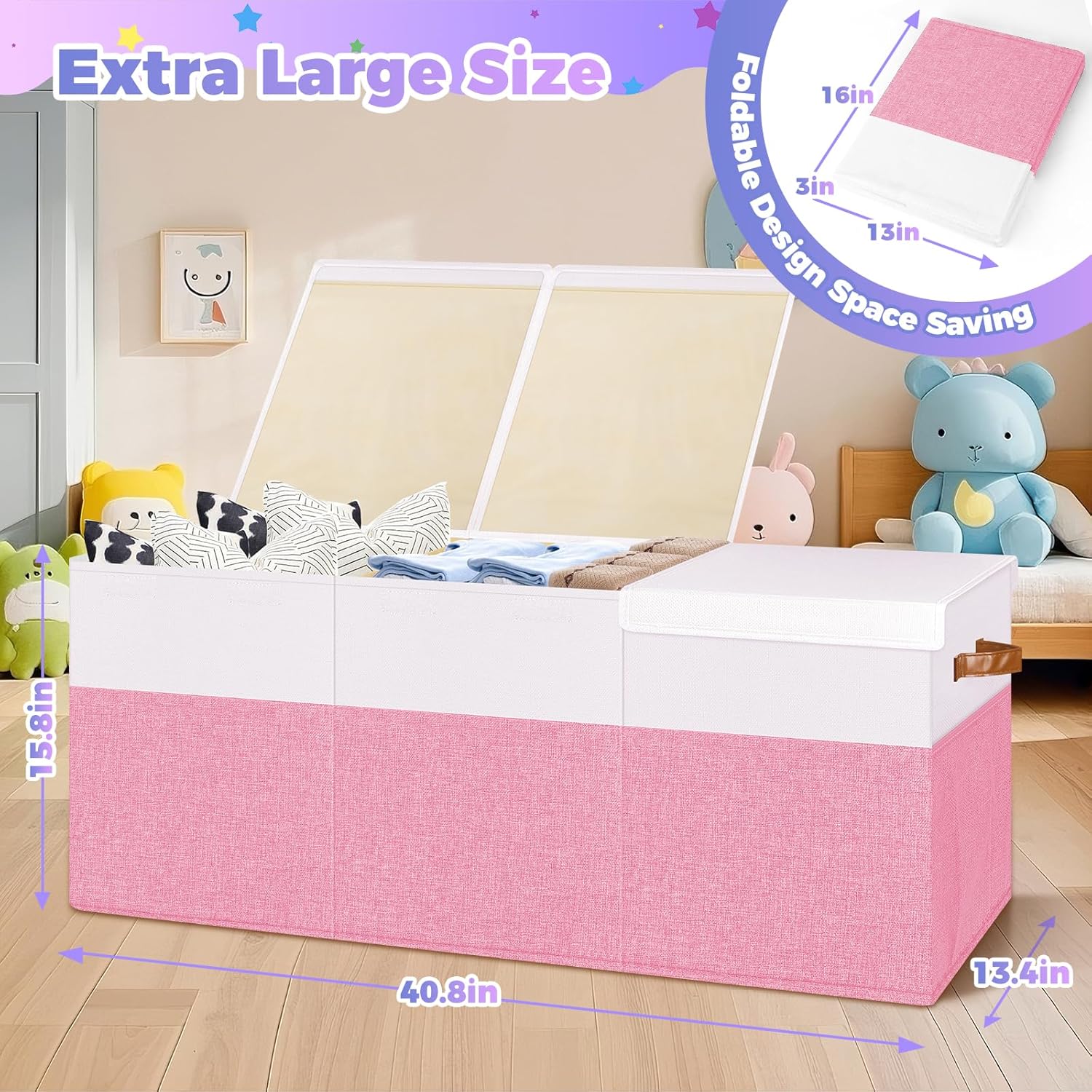Extra Large Toy Storage Box with Lid, Collapsible Sturdy Toys Chest Storage Organizer Bin Basket with Divider for Kids, Boys, Girls, Closet, Playroom, Bedroom, Nursery, 40"X14"X16", Pink & White