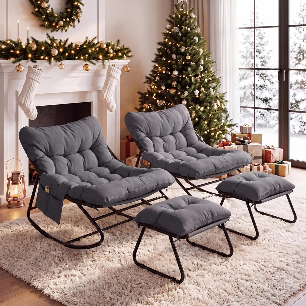 Arlopu Outdoor Rocking Chair Set of 2 with Ottoman, Papasan Rocking Chair