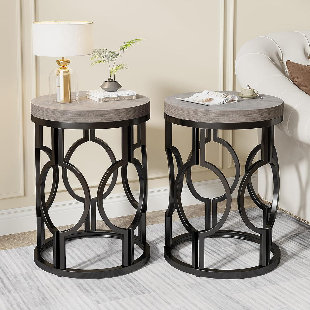 Tribesigns Round End Table Set of 2, Industrial Side Table with Metal Hollow ...