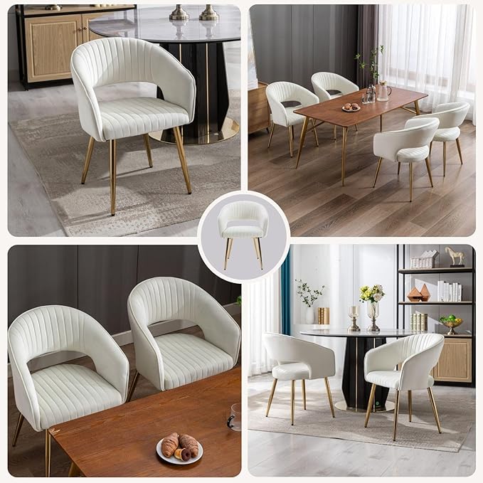Cream Velvet Dining Chairs Gold Legs, Modern Dining Room Chairs with Arms Set of 6 Upholstered Accent Chair Armchair with Barrel Back for Kitchen Living Room