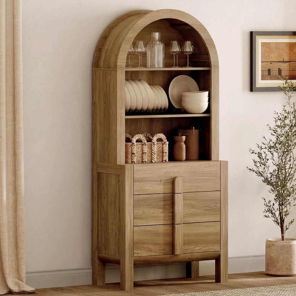 WAMPAT 71" Tall Arched Kitchen Pantry Cabinet with 3 Drawers,5 Tiers Mod...