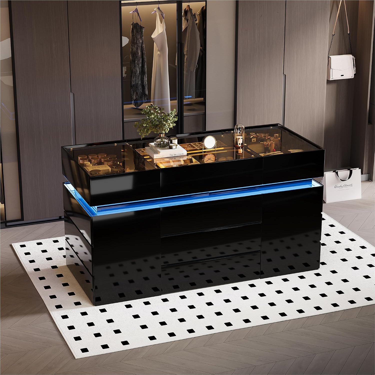 Luxury Glossy Closet Island with 16 Drawers, Modern Glass Top Wardrobe Armoire Island, LED Walk-in Closet Island for for Dressing Room Cloakroom (Black)