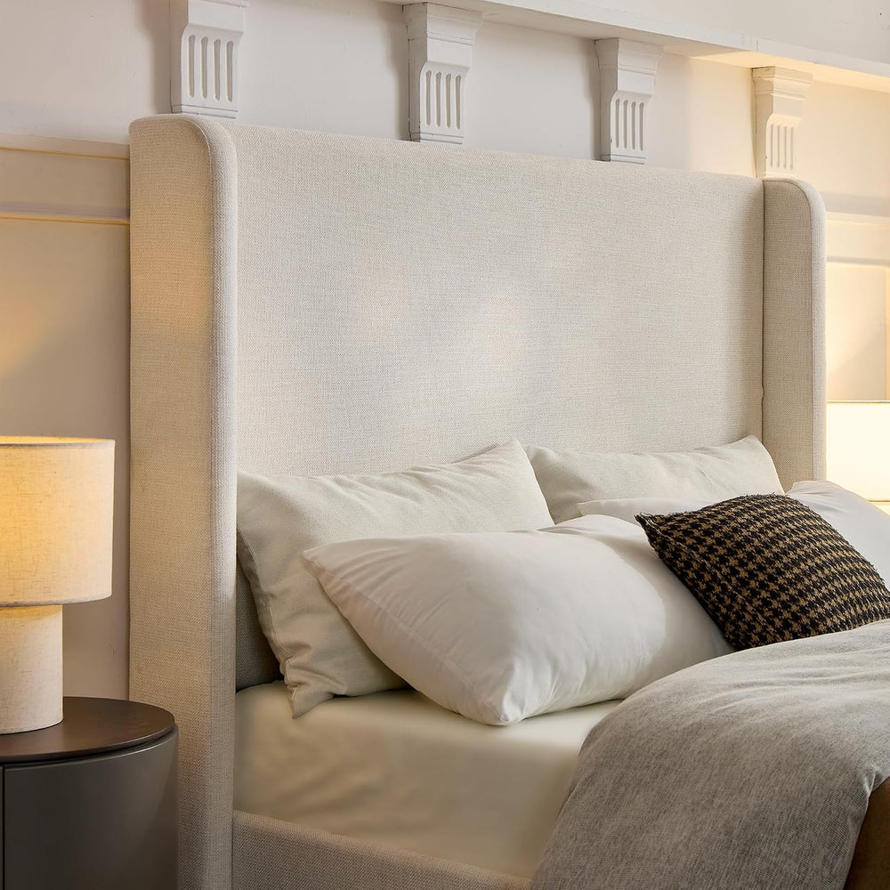 Upholstered Bed Frame Queen Size, 54" High Headboard Platform Beds Caron...