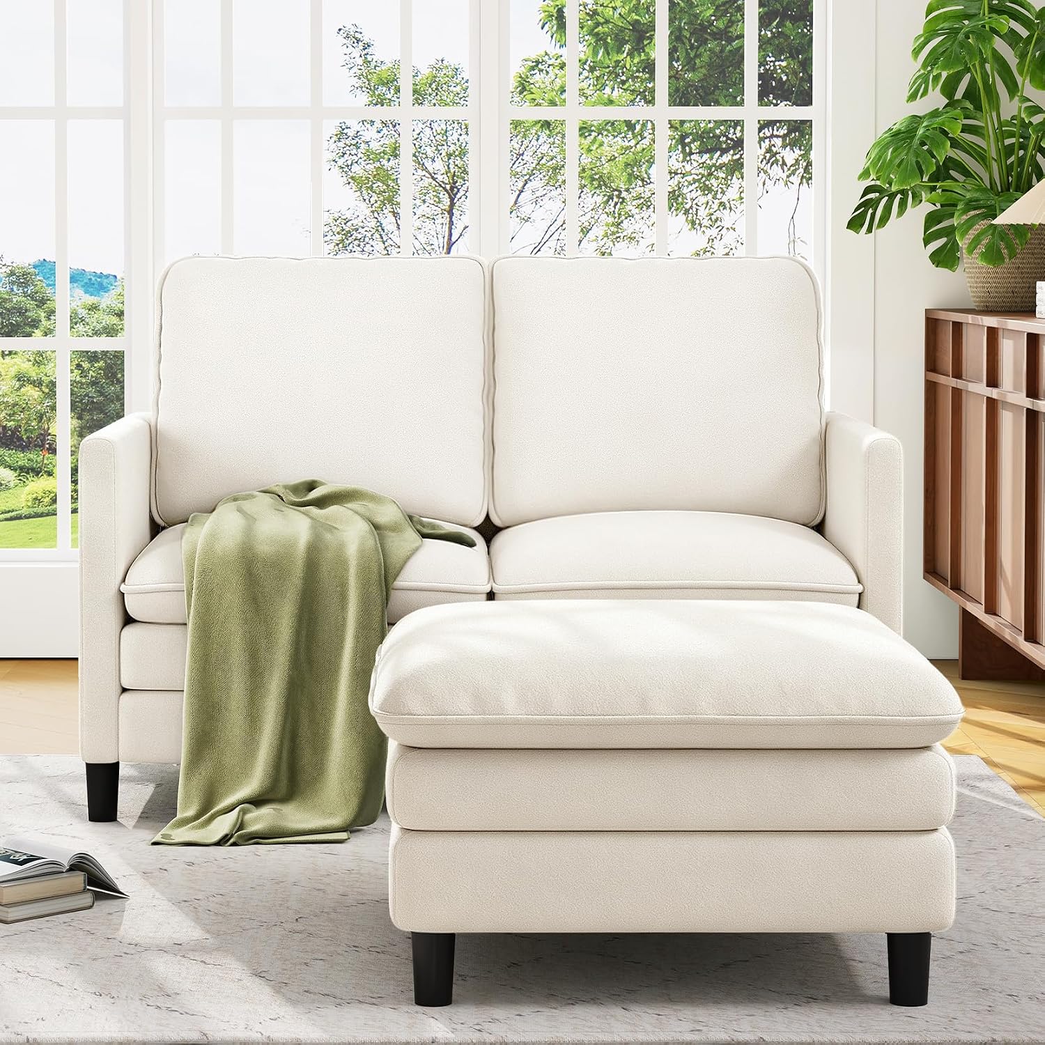 Welzona 3-Layers Cloud L Shaped Couch, 51" Teddy Sofa and Loveseat Set | Comfy Teddy Fabric, Washable Covers, Tool-Free Setup, All-wood Cloud Couches for Living Room, Bedroom, Small Spaces, Beige