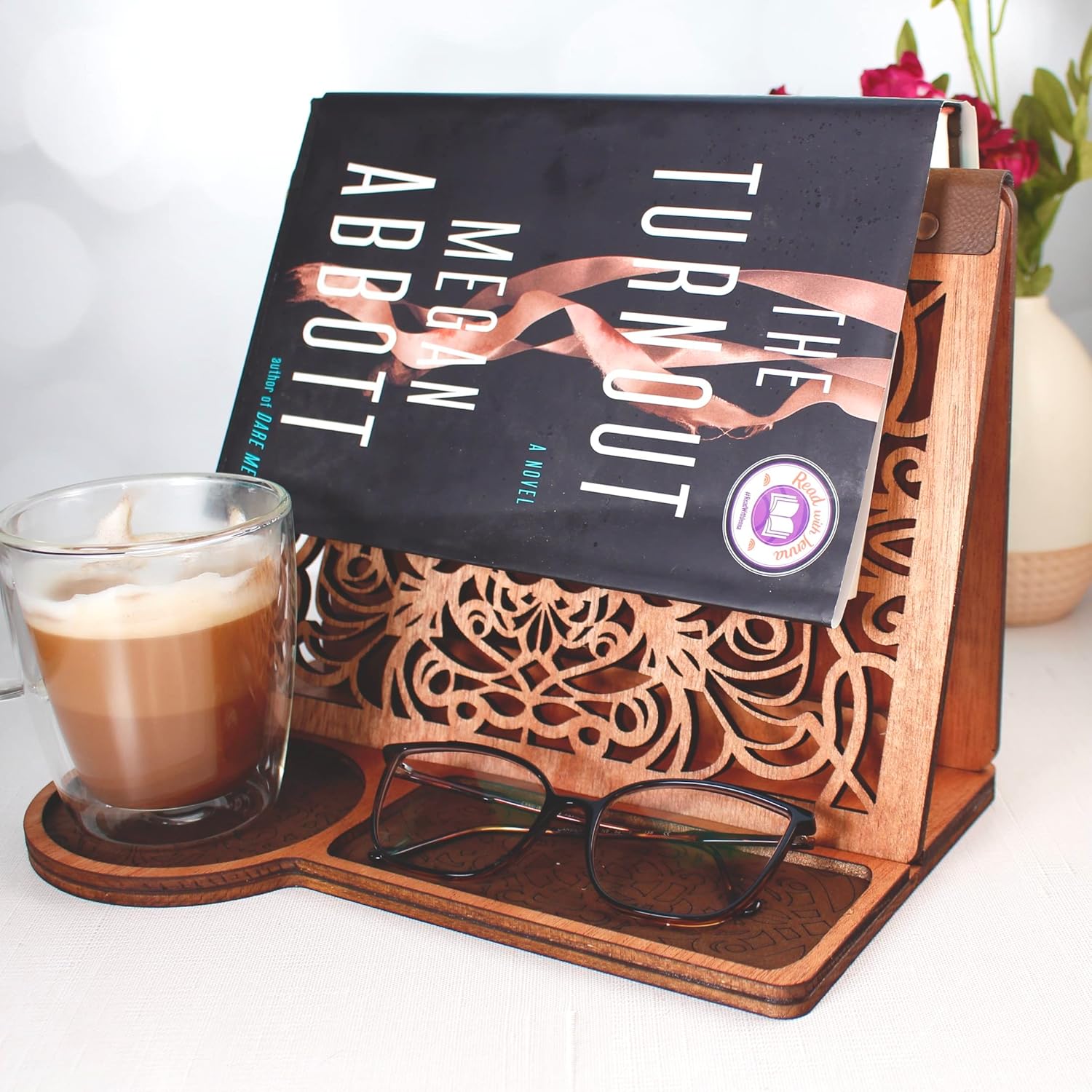 Book Nook Reading Valet Stand with Coffee Cup Mug Glasses Cell Phone Holder, Wood Triangle Book Rest and Page Saver for Bedside Nightstand, Gift Idea for Book Lovers, Handmade Wooden Book Accessories