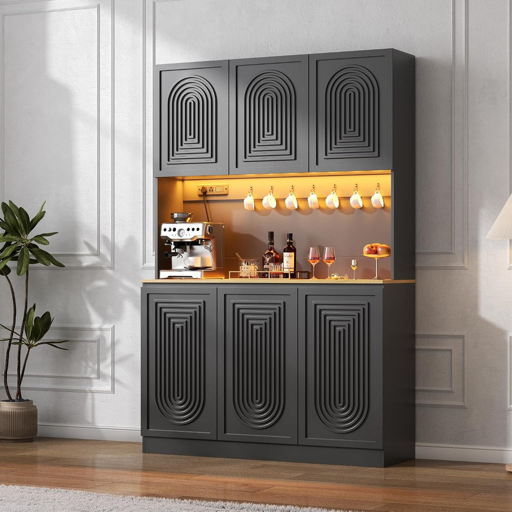 Gyfimoie 71" Kitchen Pantry with Power Outlet & LED Light, Large Kitchen Hutch Cabinet with Adjustable Shelf, Modern Buffet Cabinet with 6 Doors, Food Pantry Storage for Dining Room (Black - 6 Doors)