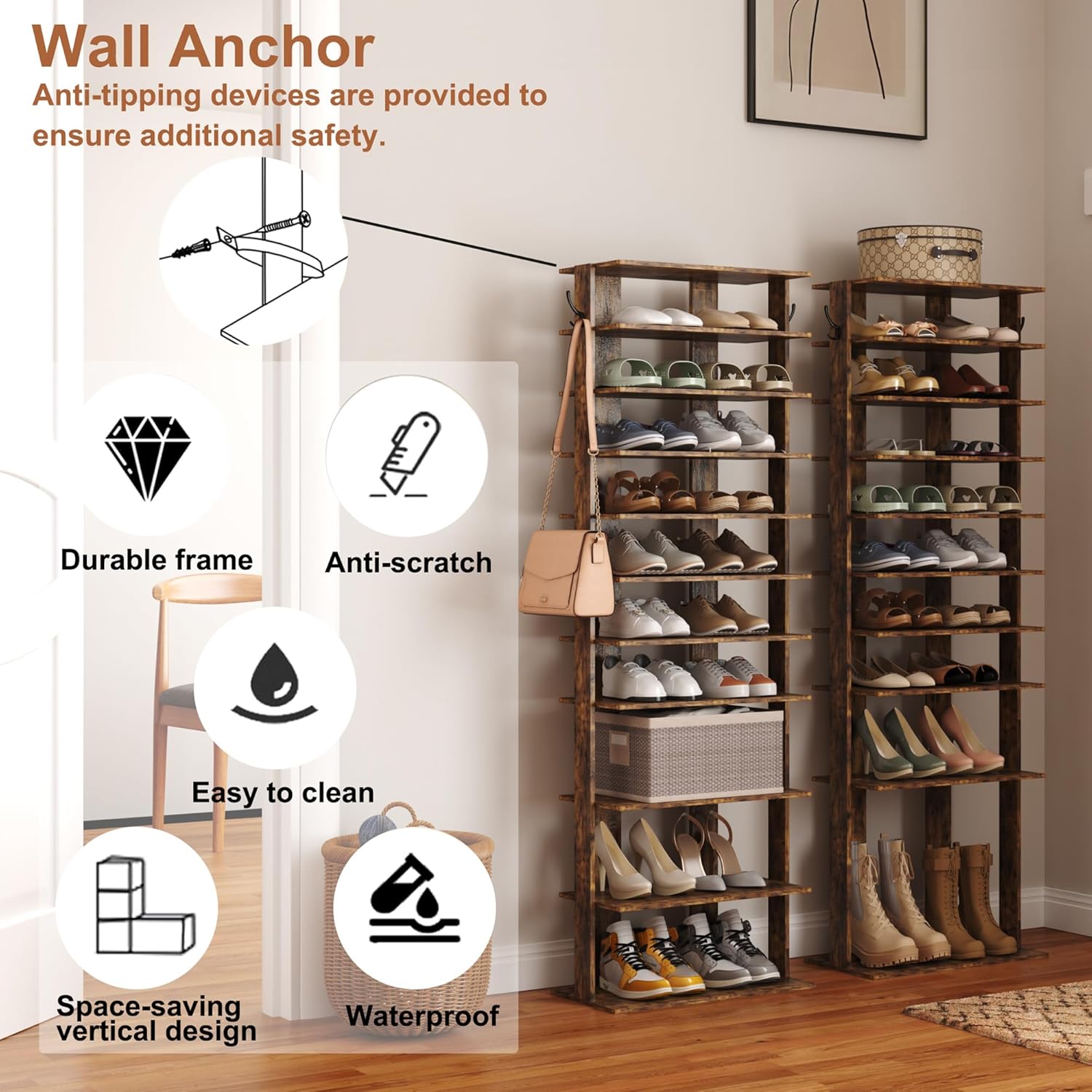 HOMEFORT 10-Tier Vertical Shoe Rack, Corner Shoe Tower, Double Rows 10 Tiers Shoe Shelf, Slim Shoe Storage Unit for 20 Pairs of Shoes, Shoe Stand for Entryway, Hallway, Closet (Rustic Brown)