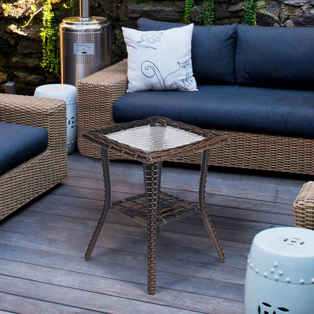 VINGLI Outdoor Side Table with Storage Wicker Patio Side Table, Tempered Glas...
