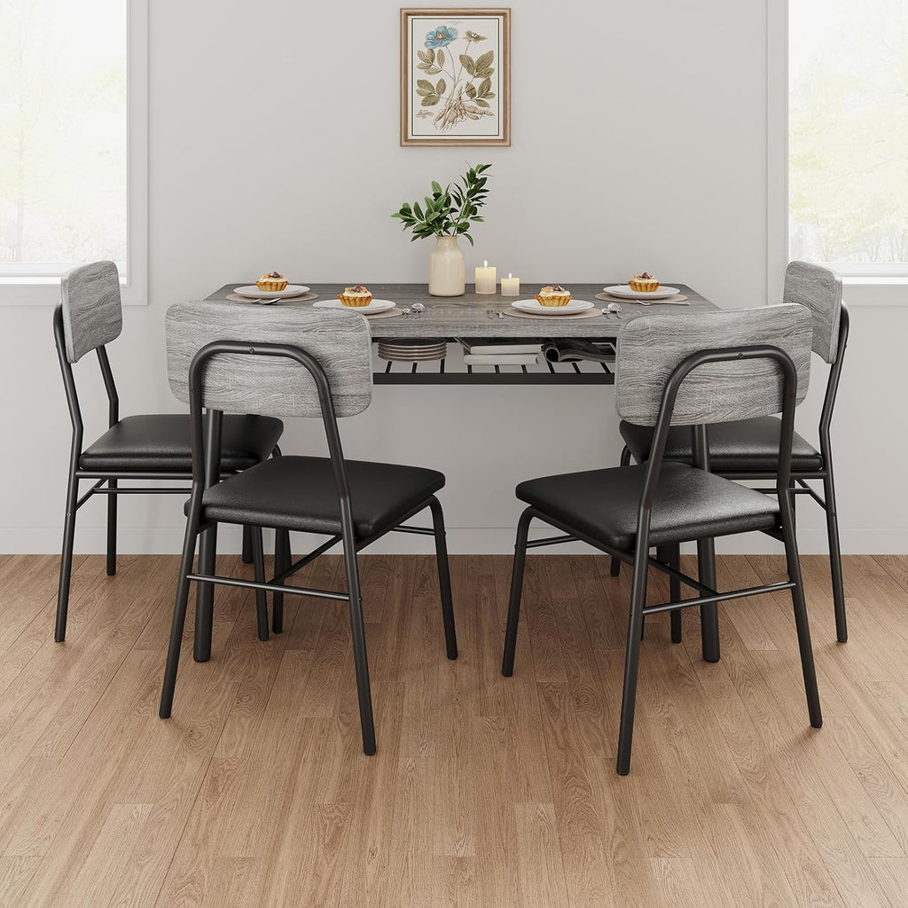 GarveeHome Dining Table Set for 4 with Storage Rack, 5-Piece Kitchen Table and Upholstered Chairs of 4, Wood Tabletop & Heavy-Duty Metel Frame, Dining Room Set for Small Space, Apartment, Gray