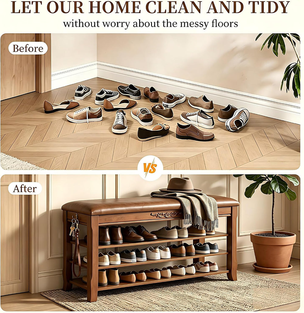 Shoe Rack Bench Entryway Storage with Leather Cushion, 39.4"