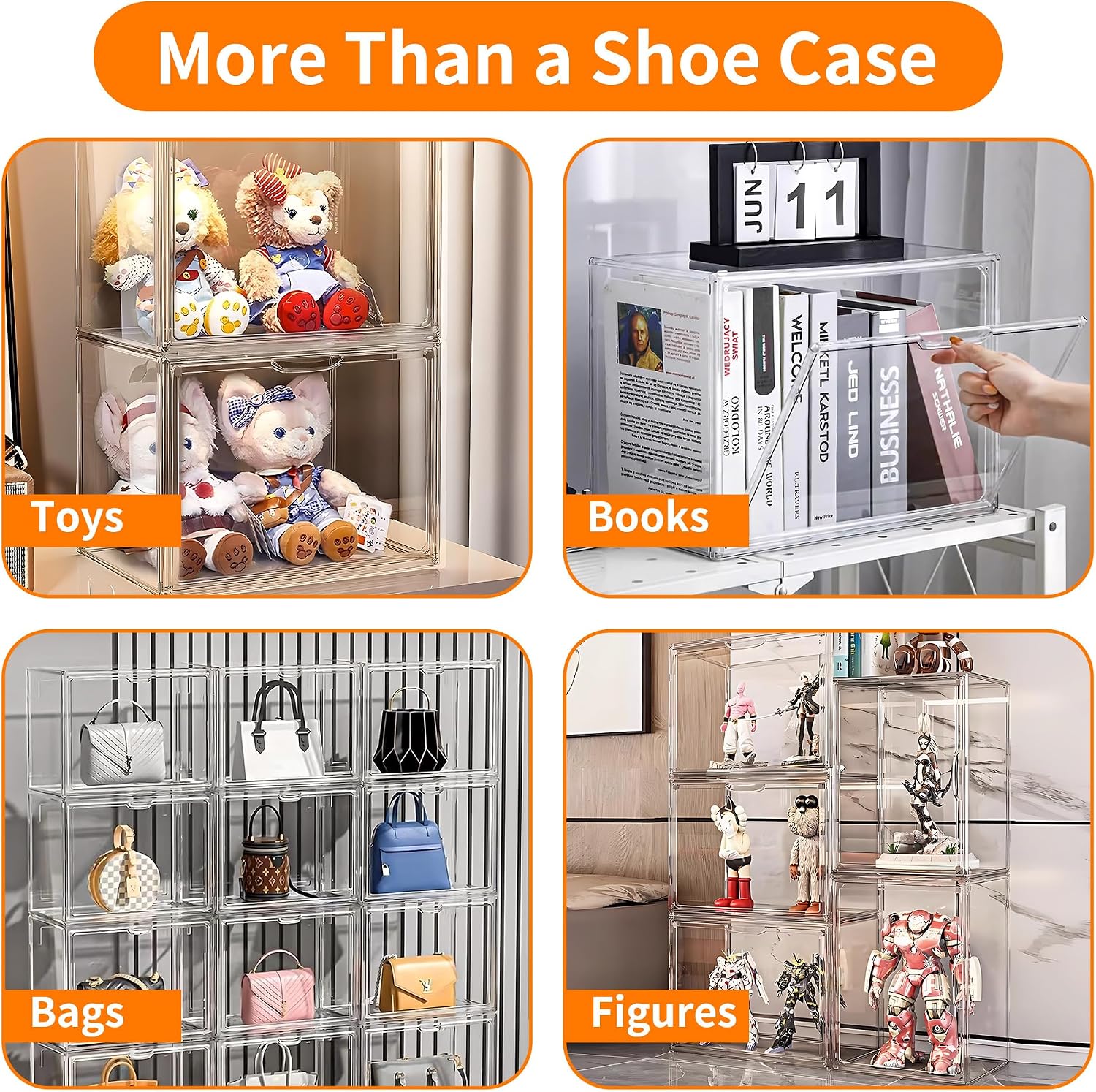 3 Pack Clear Acrylic Sneaker Shoe Display Case,Shoe Storage Boxes Stackable,Acrylic Boxes for Shoes Display with Lid,Boot Storage Organizer for Tall Boot,Purse Handbag Organizer for Closet