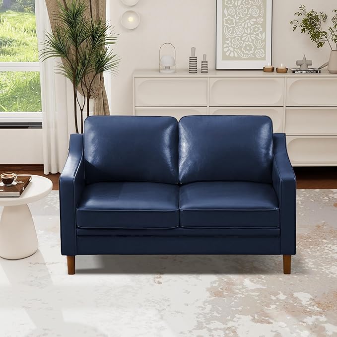 Kingfun 56" Faux Leather Sofa, Loveseat Couch, Mid Century Modern Love Seat Couches with Solid Wood Frame for Living Room & Bedroom, Royal Blue