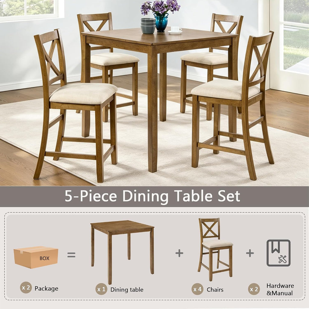 LUMISOL 5-Piece Dining Table Set for 4, Solid Wood Counter Height Kitchen Table Set with Square Table & 4 X-Back Chairs, Farmhouse Table and Chairs Set for Dining Room, Kitchen, Small Spaces, Oak