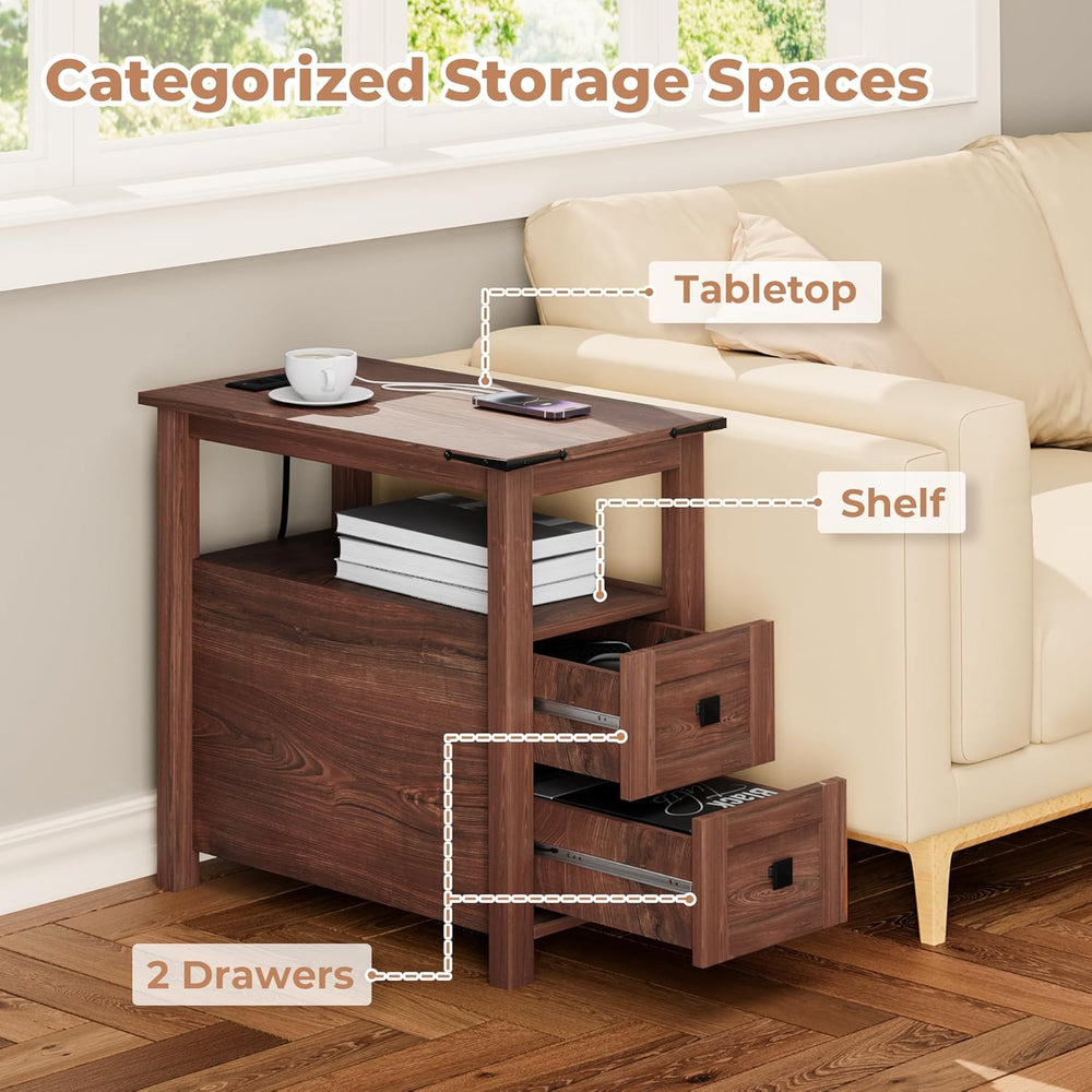 VVFLU Farmhouse End Table with Charging Station and 2 Storage Drawers, Cherry...