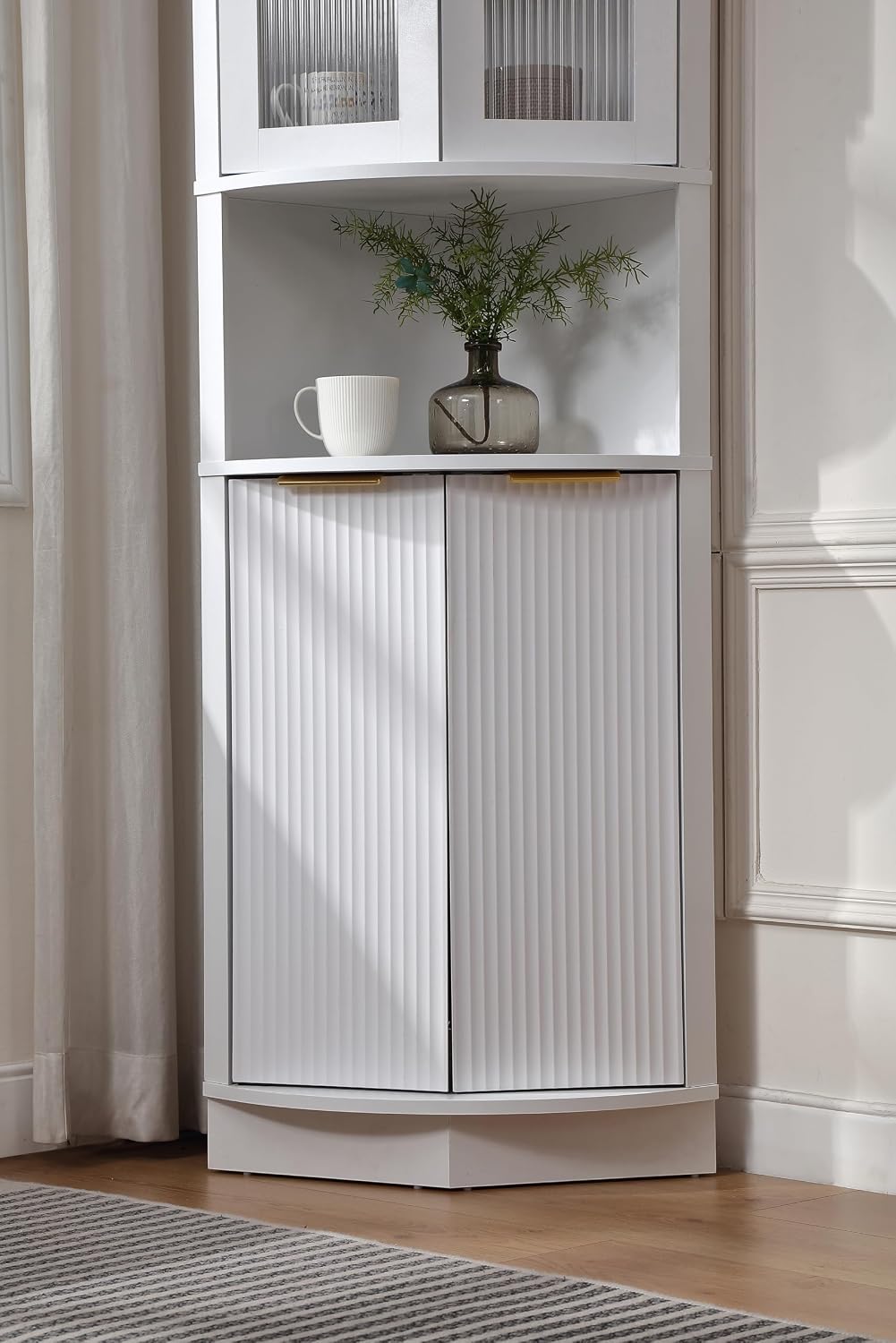 FOREST GRAVITY Modern Corner Storage Cabinet with Fluted Doors | For Kitchen; For Bathroom; Glass Doors; Fluted Design; Large Storage; Pentagon Design; White