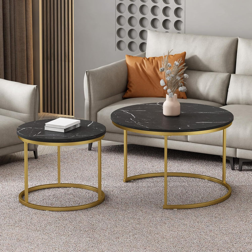 Nesting Coffee Table Set of 2, Wooden Marble Top (Black+Gold) | Nesting Table...