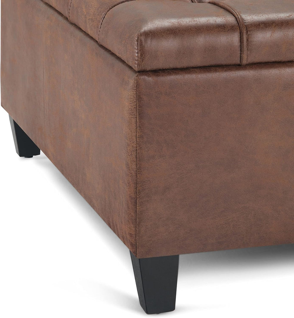 SIMPLIHOME Harrison 36" Wide Vegan Leather Lift Top Ottoman in Saddle Br...