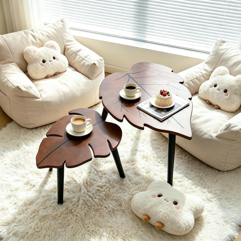 Nesting Coffee Table Set of 2, Monstera Leaf Wooden Side Table | Stacking Min...