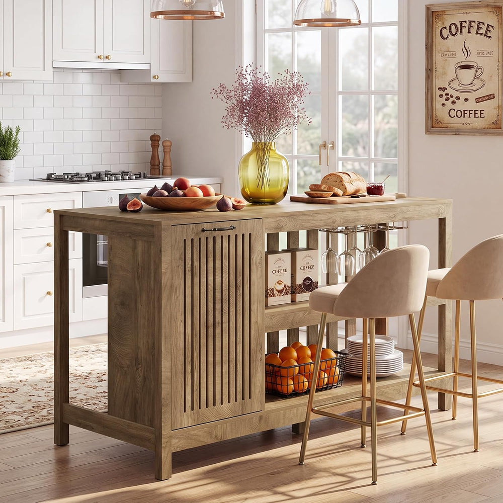 LITTLE TREE 55" Kitchen Island with Trash Can Storage, 3-Tier Island Tab...