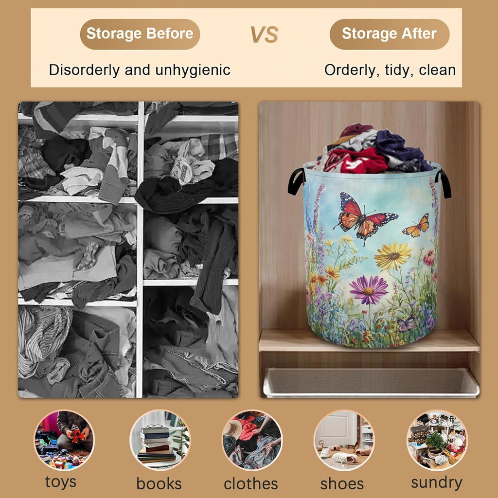 Colorful Butterfly Collapsible Laundry Baskets,Flowers Laundry Hamper,Storage Basket with Handles for Bathroom Bedroom College Dormitory Living Room Nursery Organizer 16"x20"