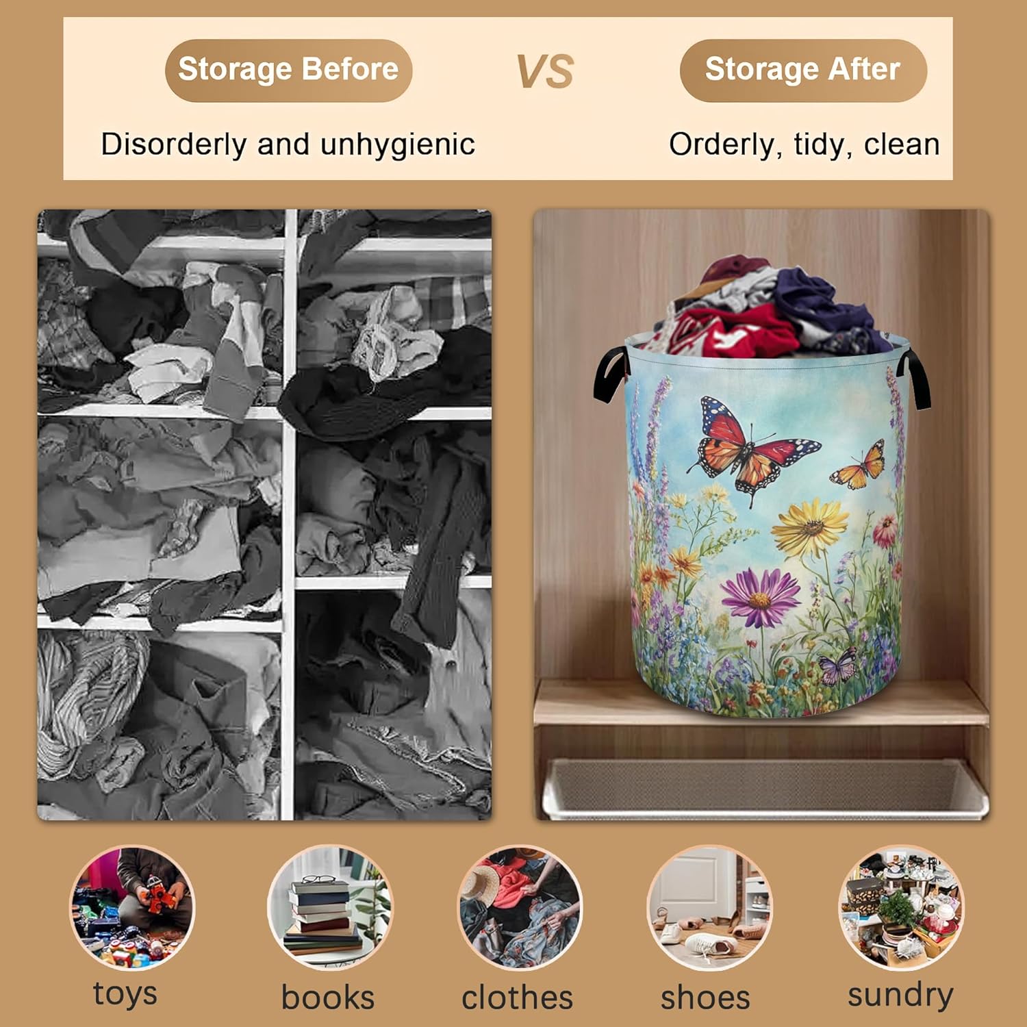 Colorful Butterfly Collapsible Laundry Baskets,Flowers Laundry Hamper,Storage Basket with Handles for Bathroom Bedroom College Dormitory Living Room Nursery Organizer 16"x20"