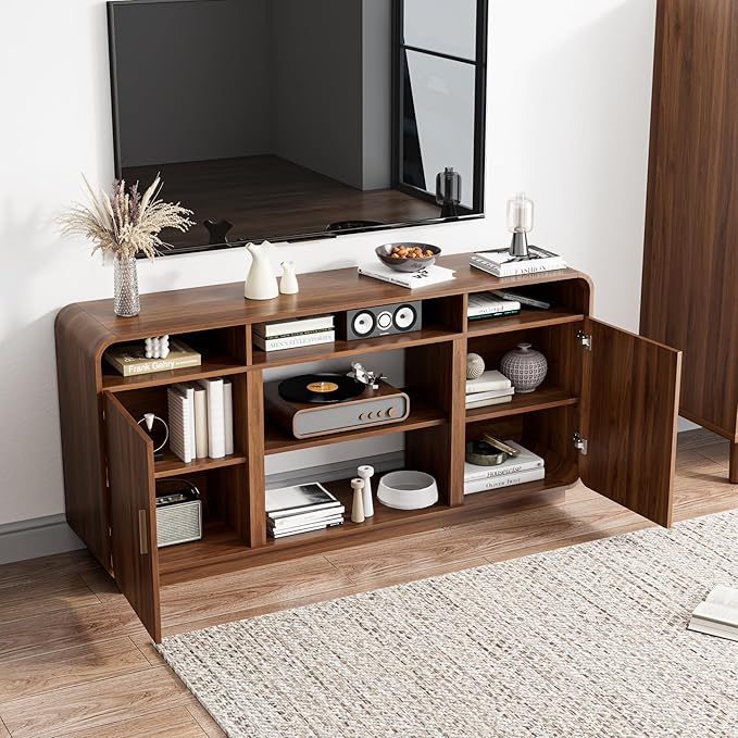 Mid Century Modern TV Stand for 65 Inch TVs, Entertainment Center with Storage Cabinets and Adjustable Shelves, Rustic Media TV Console Table for Living Room, Bedroom (Walnut)