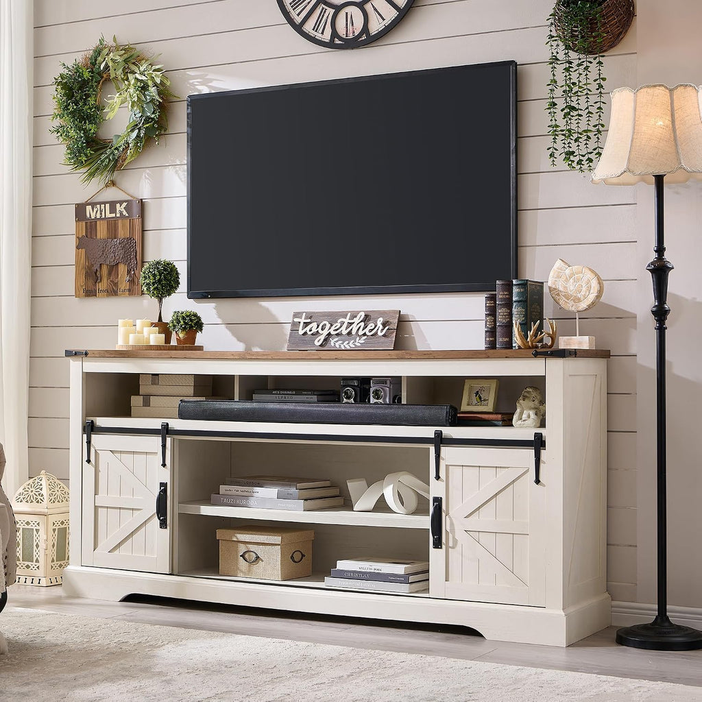 OKD 70" Farmhouse TV Stand for TVs up to 80", Antique White | 33" Tall, Rustic Entertainment Center, Sliding Barn Door, Large Open Storage Shelf, 2 Storage Cabinets, Living Room, Bedroom