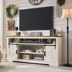 OKD 70" Farmhouse TV Stand for TVs up to 80", Antique White | 33" Tall, Rustic Entertainment Center, Sliding Barn Door, Large Open Storage Shelf, 2 Storage Cabinets, Living Room, Bedroom