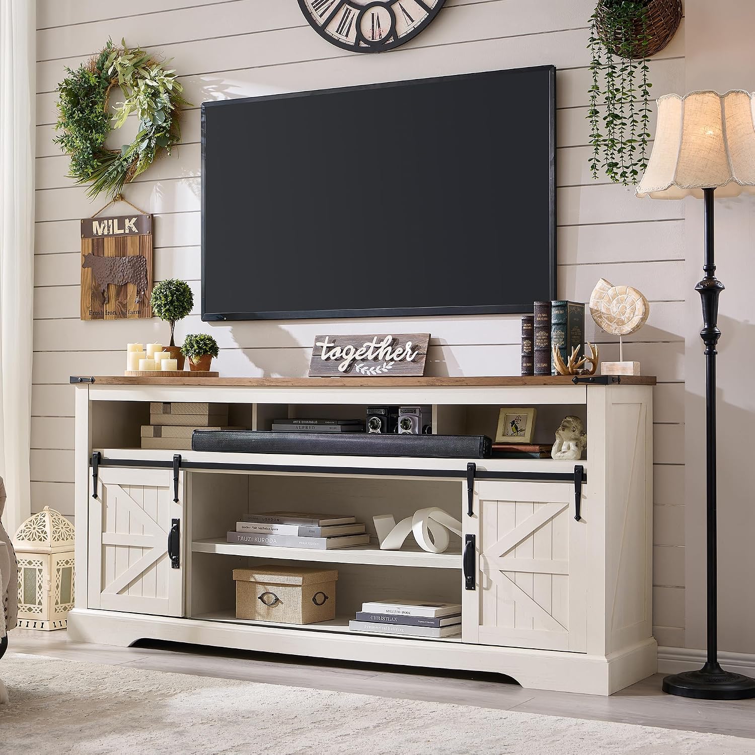 OKD 70" Farmhouse TV Stand for TVs up to 80", Antique White | 33" Tall, Rustic Entertainment Center, Sliding Barn Door, Large Open Storage Shelf, 2 Storage Cabinets, Living Room, Bedroom