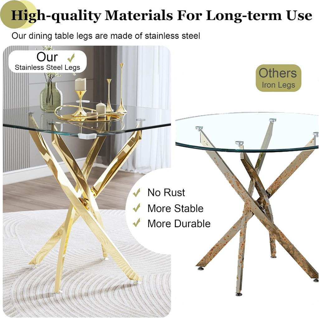 Square Glass Dining Table Set for 4, Modern 36" Clear Tempered Glass Kitchen Table and 4 Grey PU Leather Upholstered Chairs with Gold Stainless Steel Legs, for Apartment, Small Space
