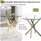 Square Glass Dining Table Set for 4, Modern 36" Clear Tempered Glass Kitchen Table and 4 Grey PU Leather Upholstered Chairs with Gold Stainless Steel Legs, for Apartment, Small Space