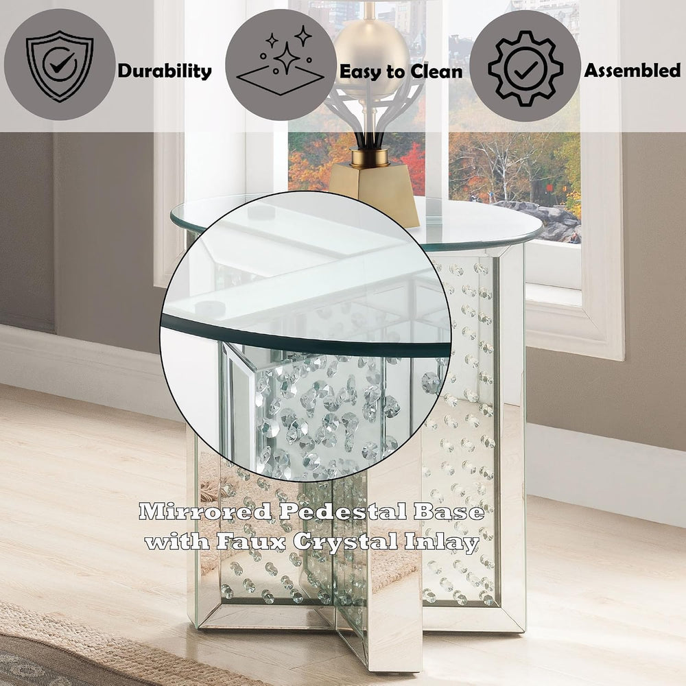 Nysa Modern 21" Round Mirrored End Table with Faux Crystal Inlay, Glam X...