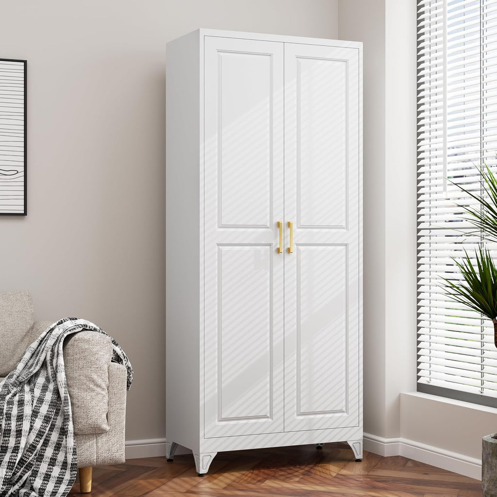 75" Tall White Metal Storage Cabinet with Doors, Heavy Duty | Freestanding Steel Kitchen Pantry Cabinet, 4 Adjustable Shelves (180 Lbs Load), Tall Cabinets for Home, Office and Garage