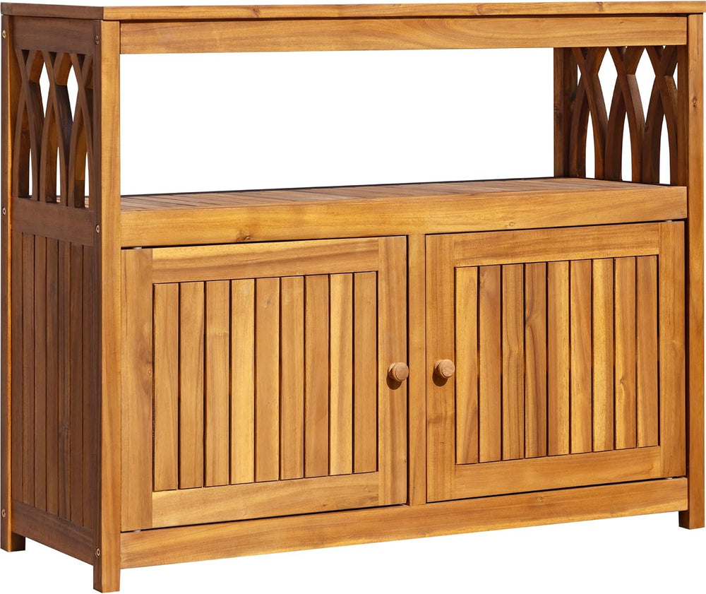 Greesum 2-Tier Outdoor Storage Cabinet in Acacia Wood, with 2 Magnetic Doors,...