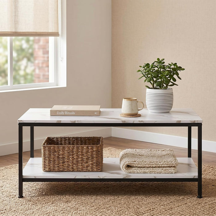 SUPER DEAL 2-Tier Coffee Table with Storage Shelf for Small Apartment Living Room, Rectangle Wood and Stable Metal TV Stand Side End Table, White Marble