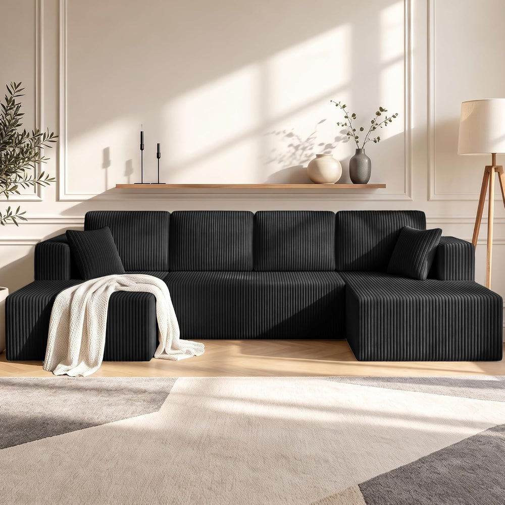 130" Couch U-Shaped Sectional Sofa, Black | Corduroy Cloud Couch with Do...