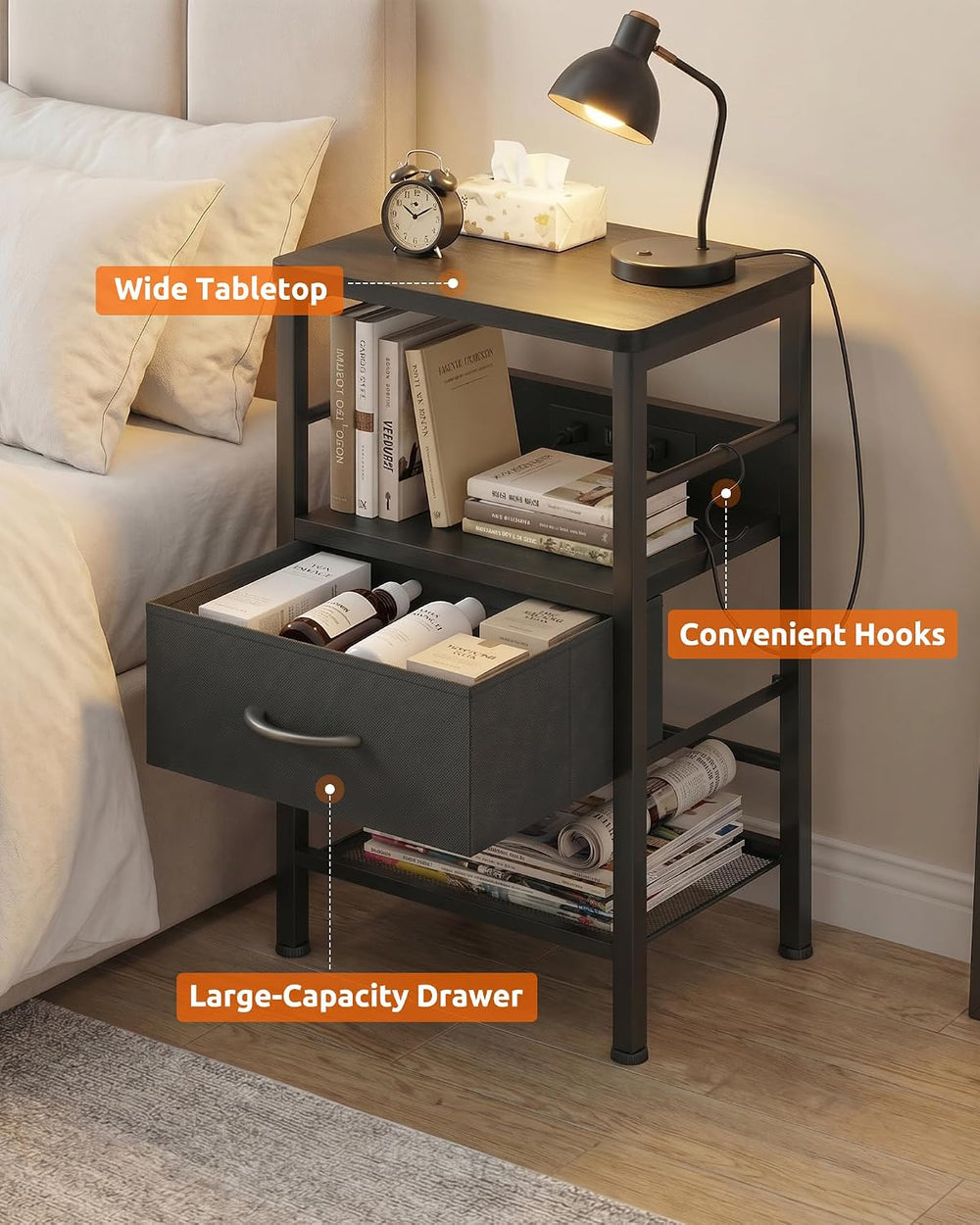 Lazzanto Nightstands Set of 2 with Charging Station, Black Night Stand | 1 Fa...