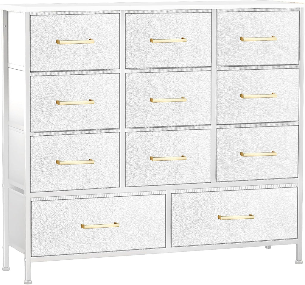 VASICAR 11-Drawer Compact Dresser for Bedroom, Fabric Clothes Storage Organizer, White Chest of Drawers with Wood Top for Closet, Nursery, Living Room